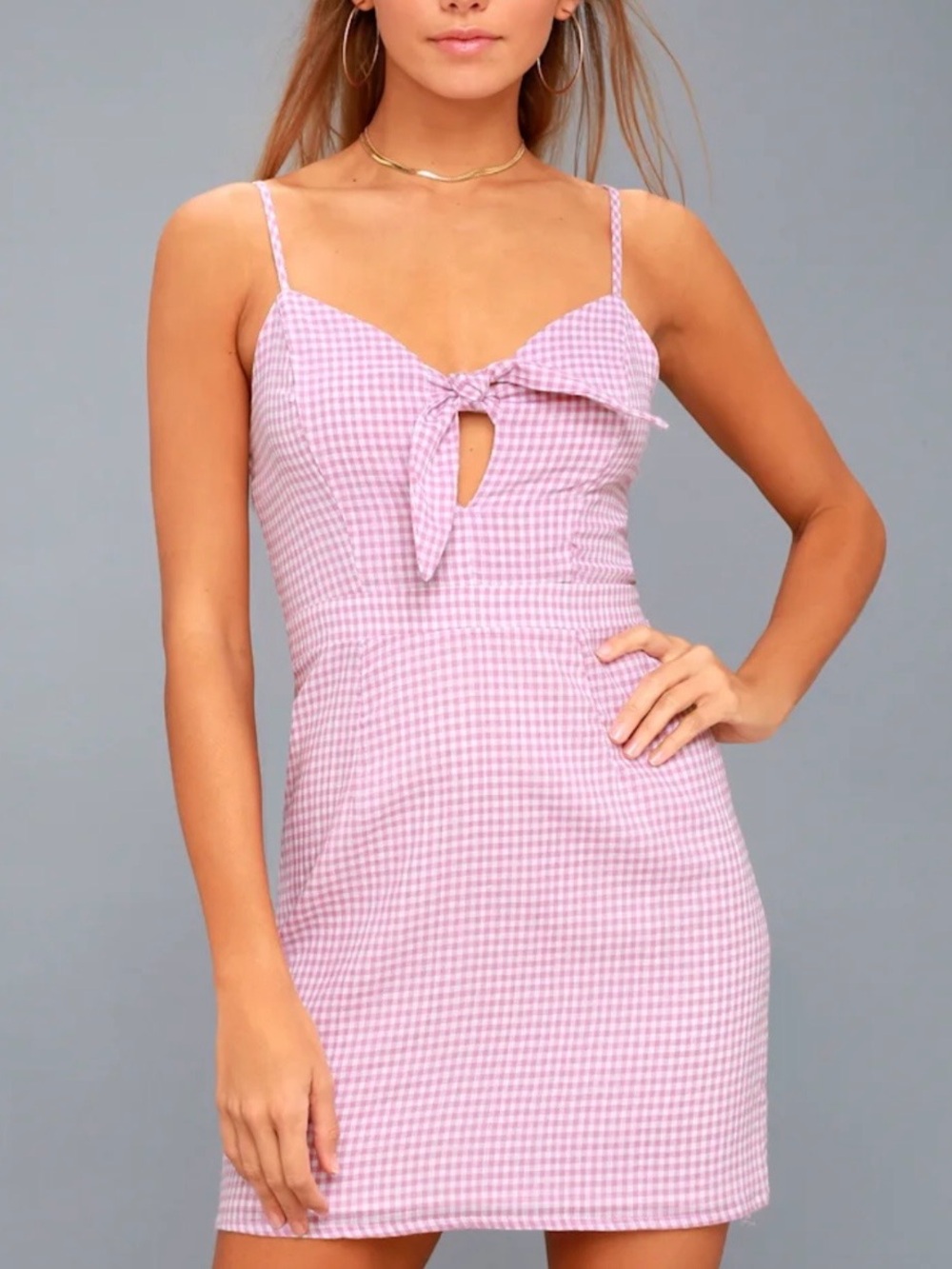 Wild Honey Cotton Small Purple Gingham Front-Tie Sleeveless Mini Dress